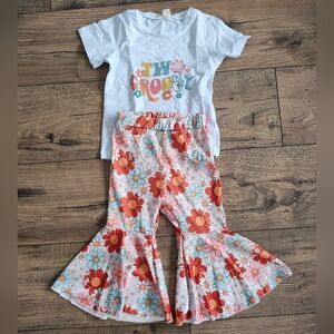 Sky Blue Tee and Floral Bell-Bottom Pants Set - Multicolor